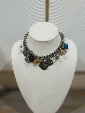 Multi-Charm Chunky Chain Necklace - Mixed Metal and Gem Accents